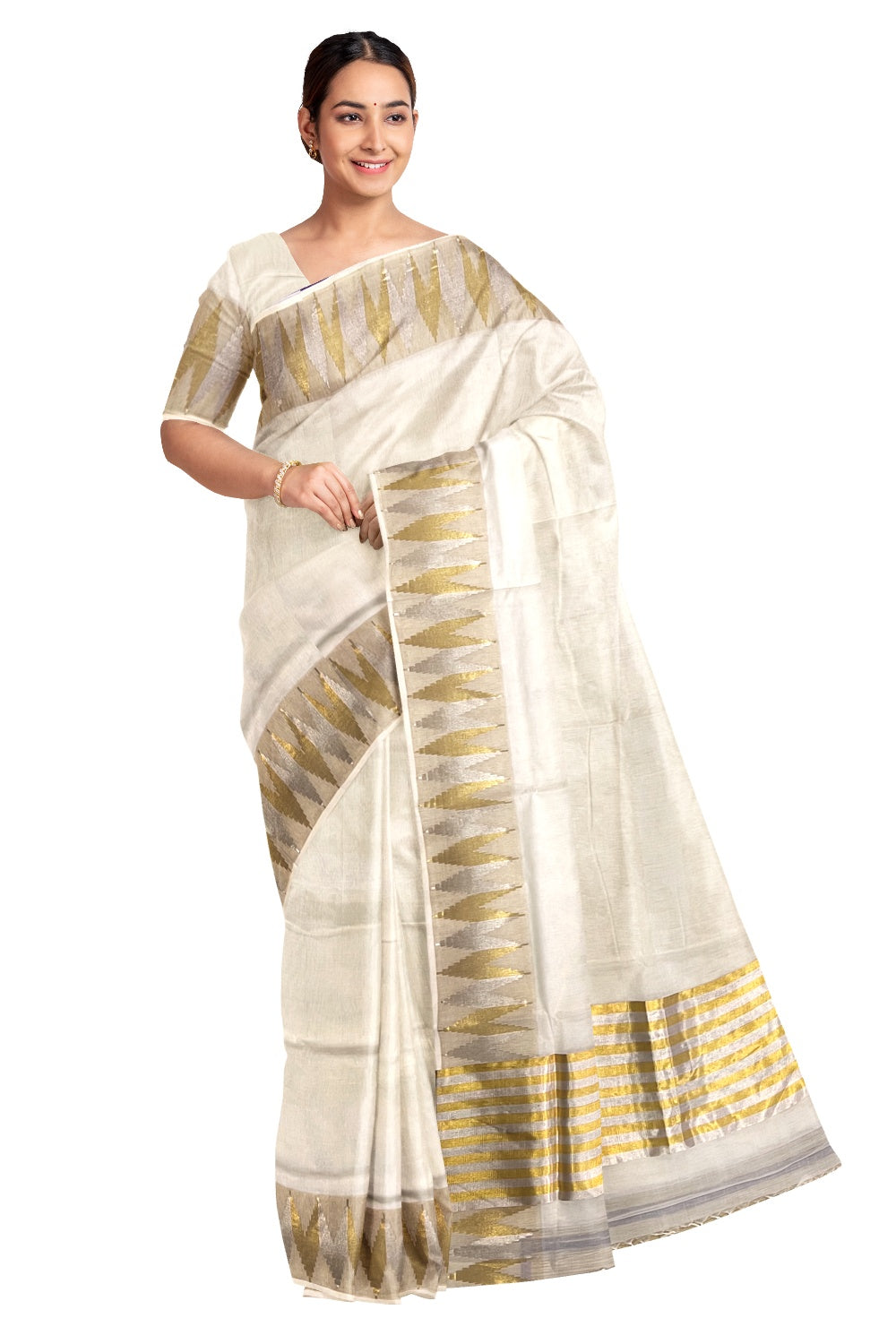 Southloom™ Premium Handloom Kerala Saree with Golden and Silver Woven Temple Border