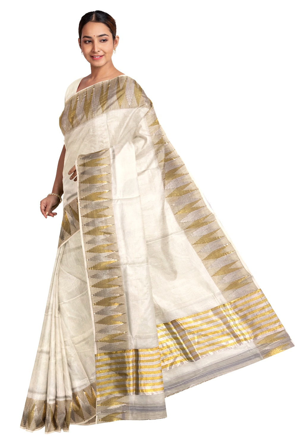 Southloom™ Premium Handloom Kerala Saree with Golden and Silver Woven Temple Border