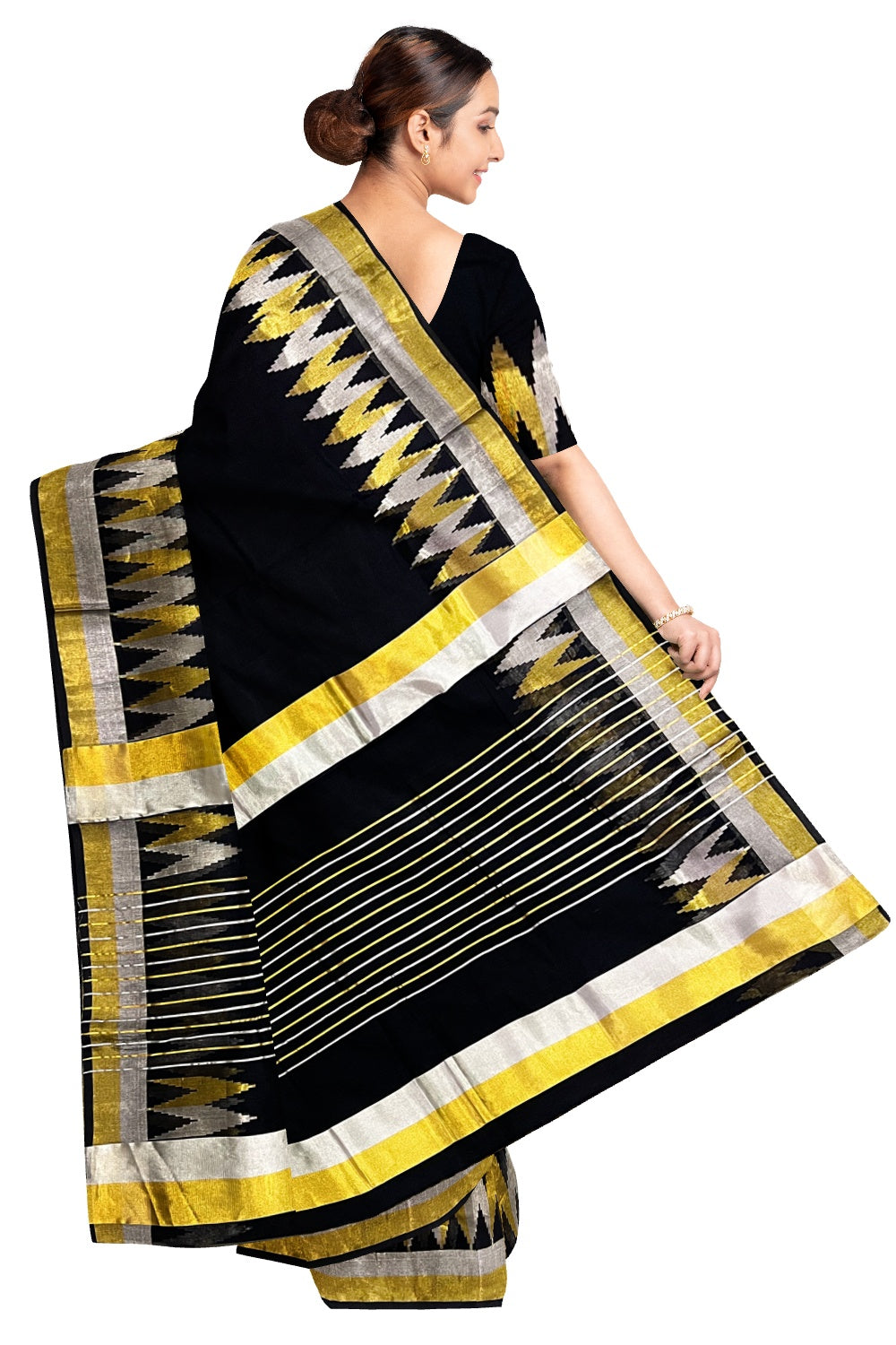 Southloom™ Premium Handloom Black Kerala Saree with Golden and Silver Woven Temple Border