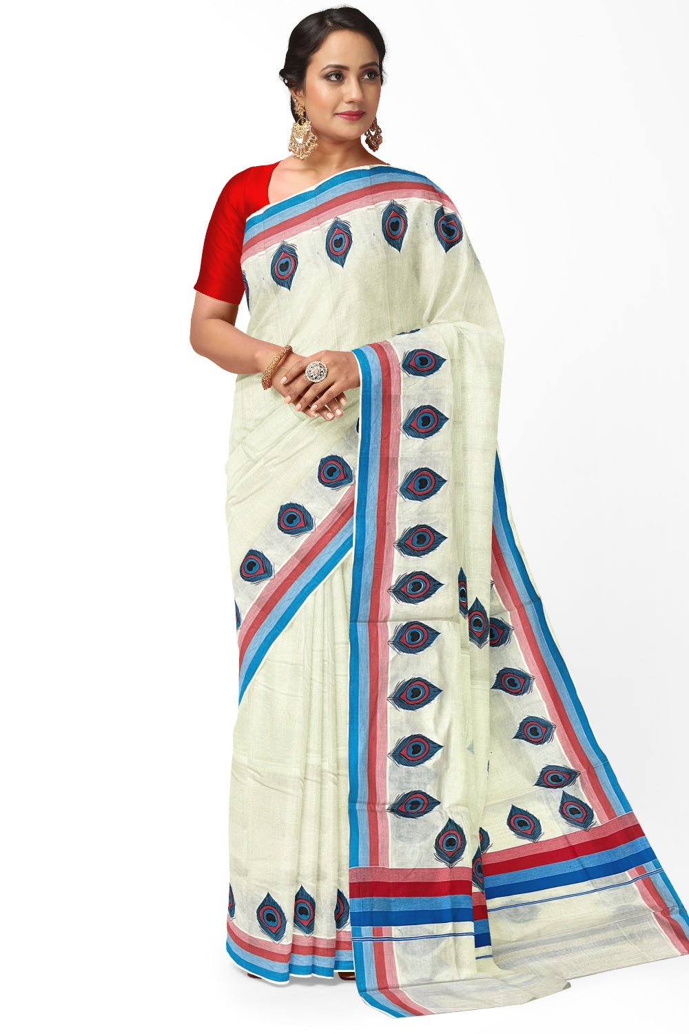 Kerala Cotton Saree with Blue Peacock Feather Mural Printed and Multi Colour Border