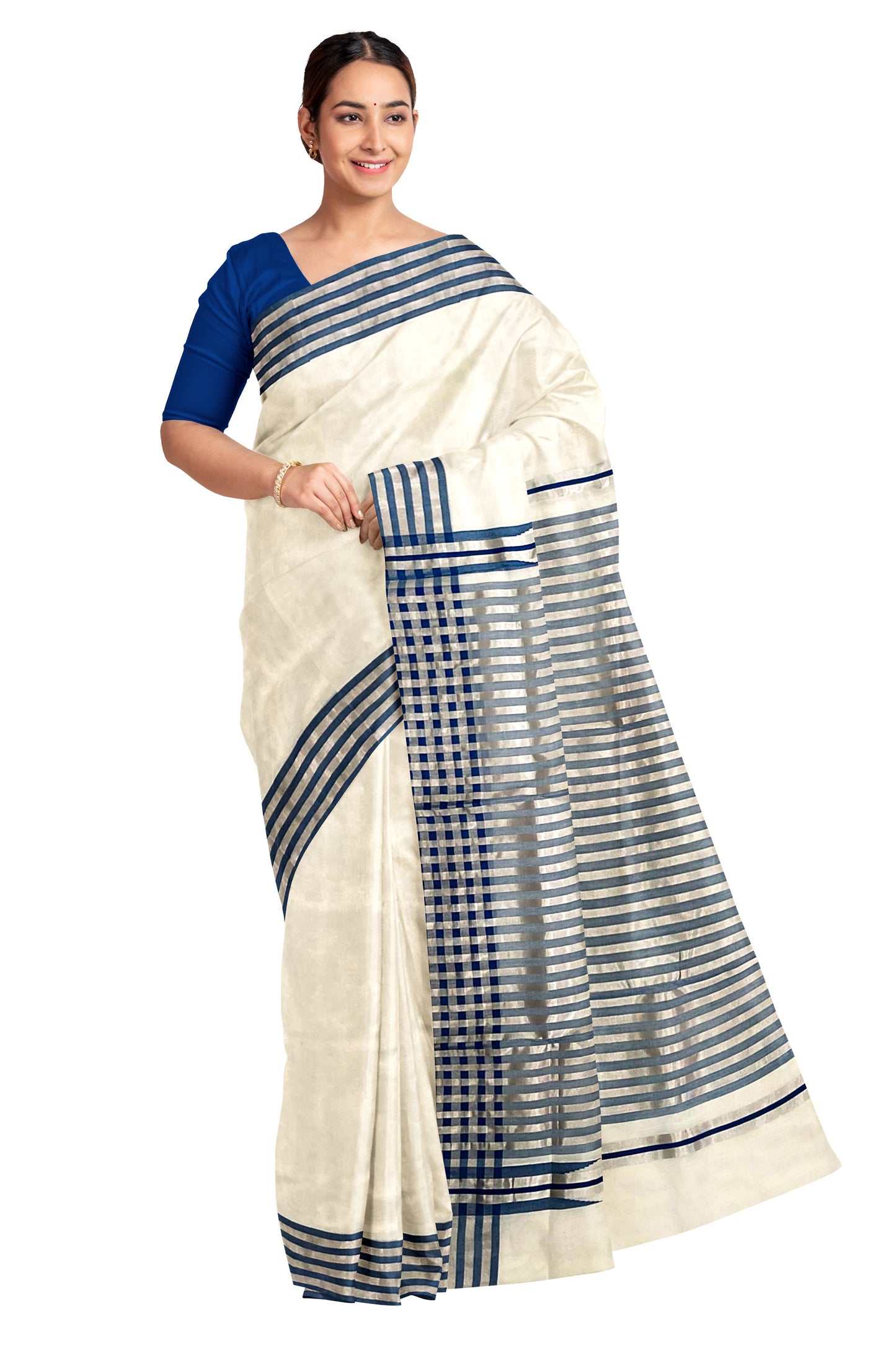 Southloom Premium Handloom Silver Kasavu and Blue Sada Kara Saree with Lines Design 30 Inch Pallu