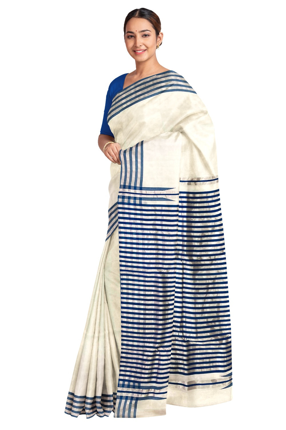 Southloom Premium Handloom Silver Kasavu and Blue Katti Kara Saree with Lines Design 30 Inch Pallu