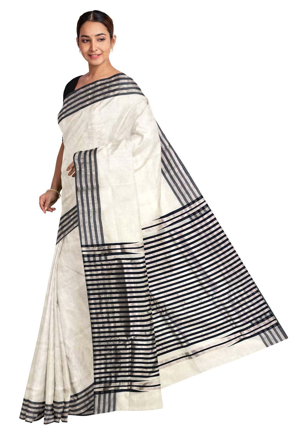 Southloom Premium Handloom Silver Kasavu and Black Katti Kara Saree with Lines Design 20 Inch Pallu