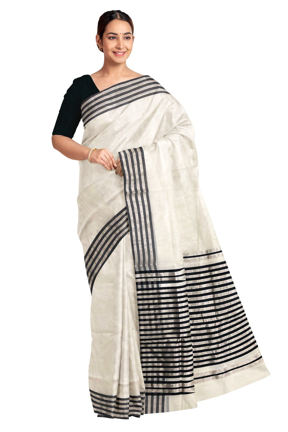 Southloom Premium Handloom Silver Kasavu and Black Katti Kara Saree with Lines Design 15 Inch Pallu