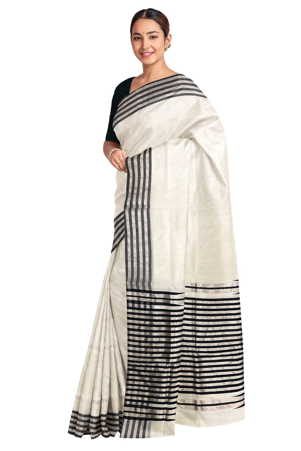 Southloom Premium Handloom Silver Kasavu and Black Katti Kara Saree with Lines Design 15 Inch Pallu