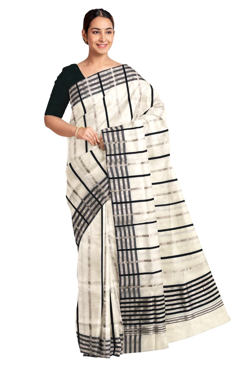 Southloom Premium Handloom Saree with Silver Kasvau and Black Lines Across Body and Lines Design Pallu