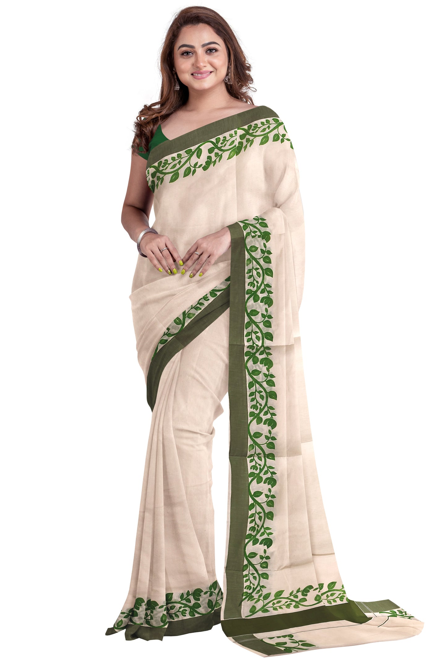 Southloom Original Design Onam Kerala Saree with Olive Green Floral Vines Block Print