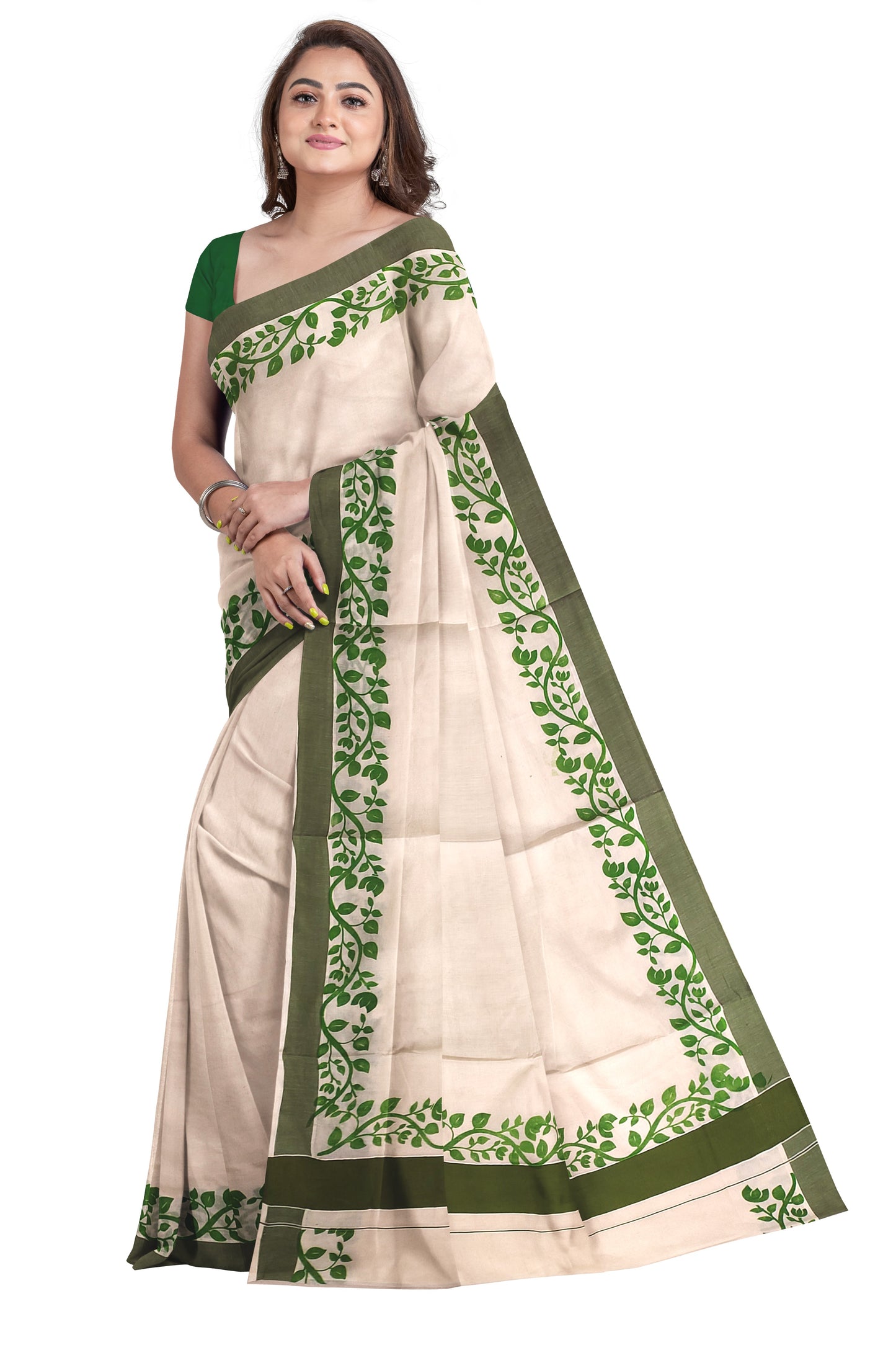Southloom Original Design Onam Kerala Saree with Olive Green Floral Vines Block Print