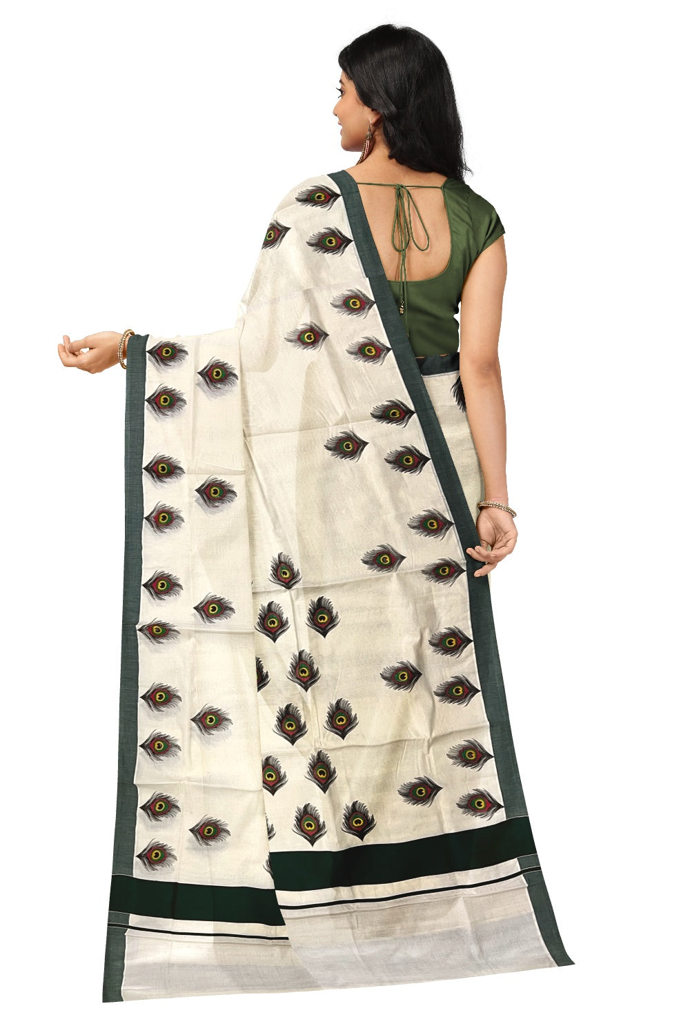 Kerala Pure Cotton Saree with Mural Printed Feather Design and Dark Green Border