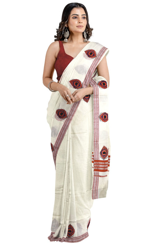Kerala Cotton Silver Kasavu Saree with Dark Orange Feather Printed Design