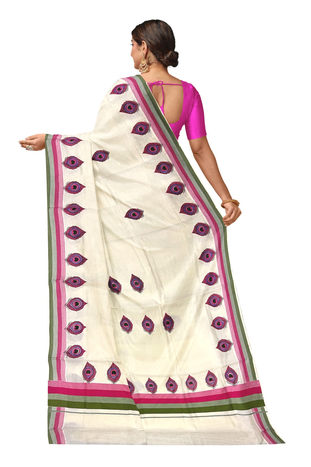 Kerala Cotton Saree with Pink Peacock Feather Mural Printed and Multi Colour Border