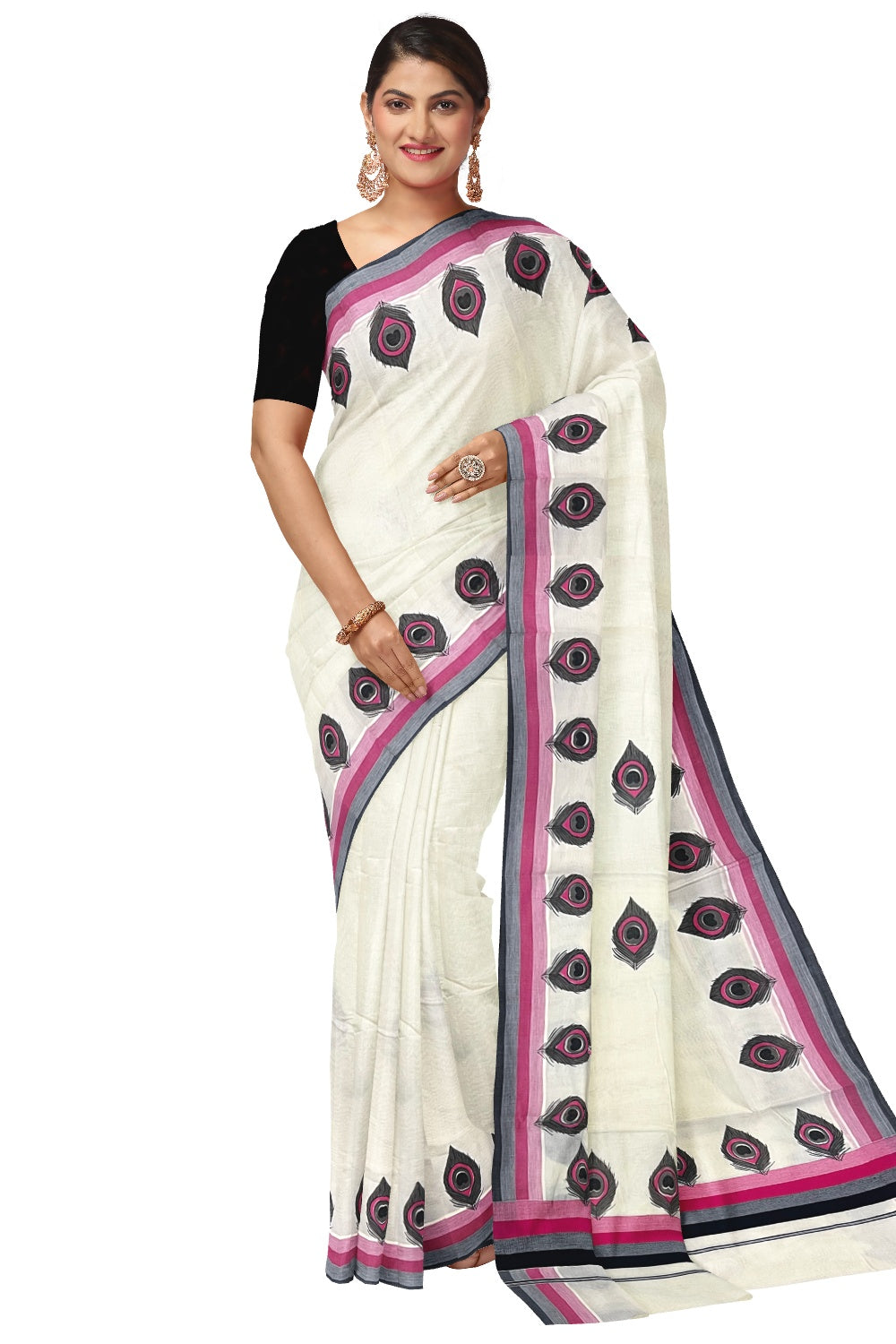 Kerala Cotton Saree with Black Peacock Feather Mural Printed and Multi Colour Border