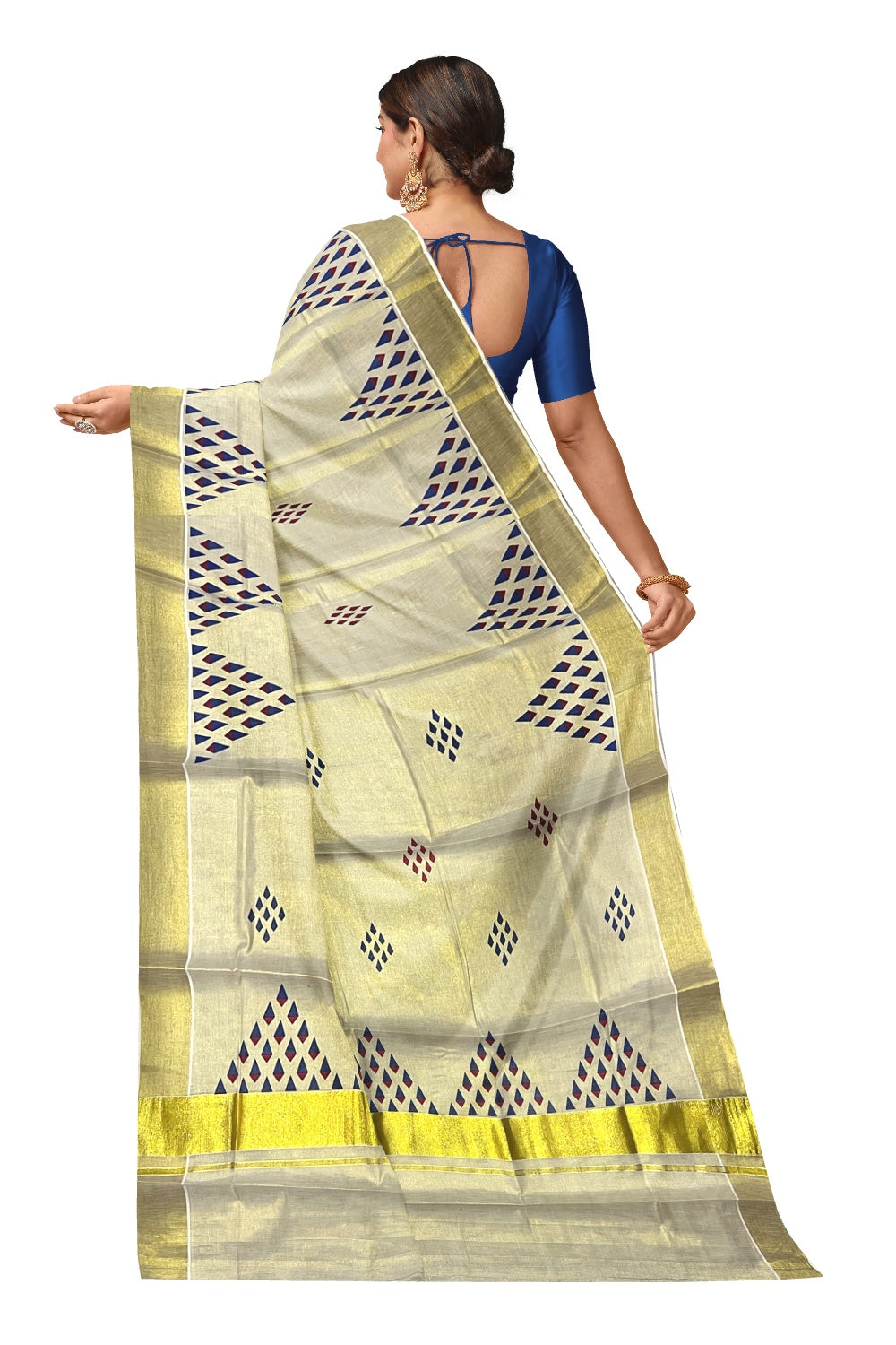 Kerala Tissue Kasavu Saree with Blue and Red Block Print Design