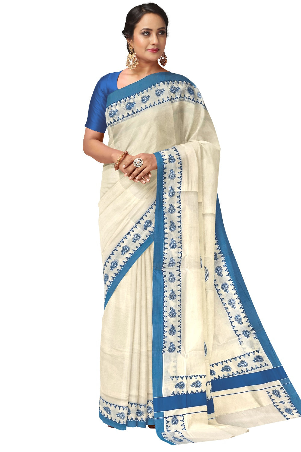 Pure Cotton Kerala Saree with Light Blue Paisley Block Printed Border