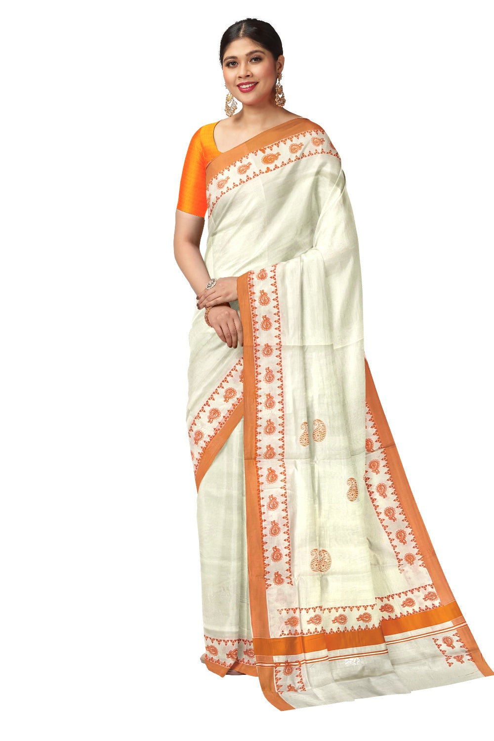 Pure Cotton Kerala Saree with Orange Paisley Block Printed Border