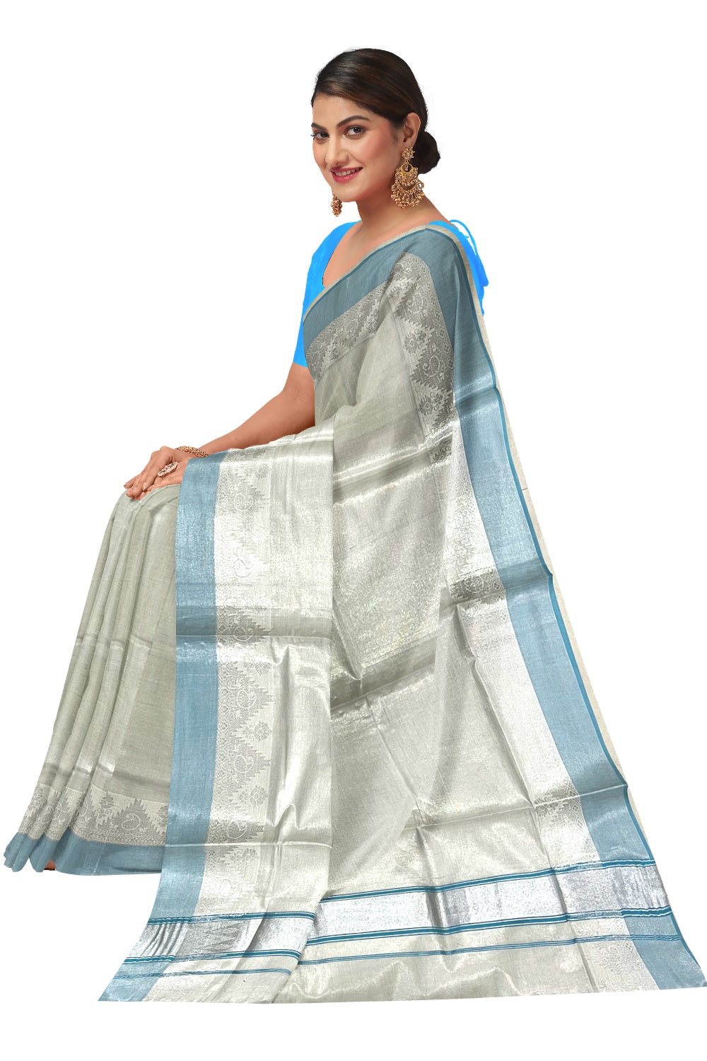 Kerala Silver Tissue Plain Saree with Sky Blue and Silver Border