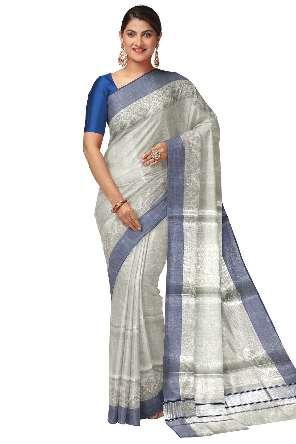 Kerala Silver Tissue Plain Saree with Blue and Silver Border