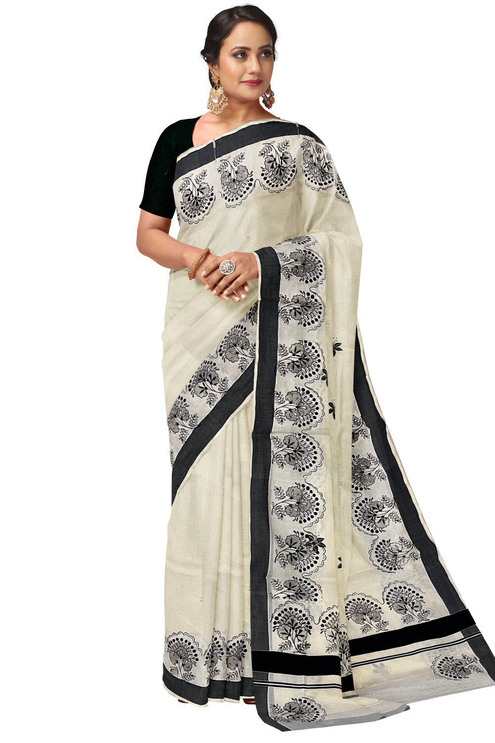 Pure Cotton Kerala Saree with Black Floral Block Printed Border