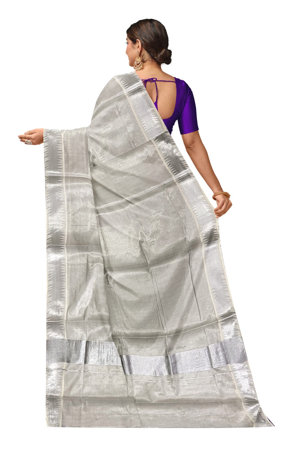 Kerala Plain Silver Tissue Kasavu Saree with 3 inch Designer Border