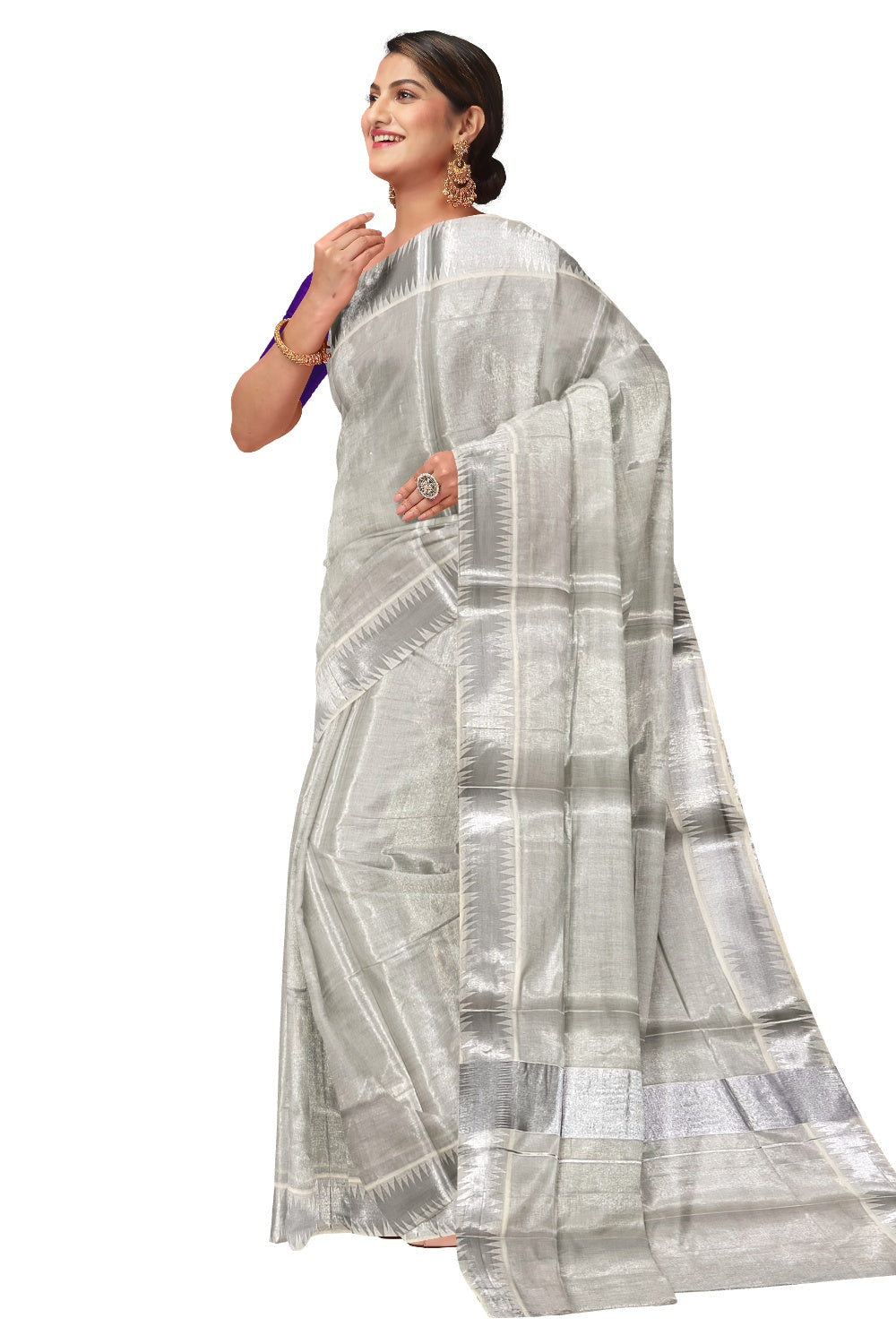 Kerala Plain Silver Tissue Kasavu Saree with 3 inch Designer Border