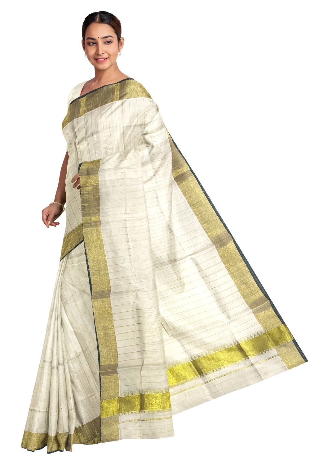 Kerala Cotton Stripes Design Saree with Kasavu Temple Pallu and Dark Green Tassels work