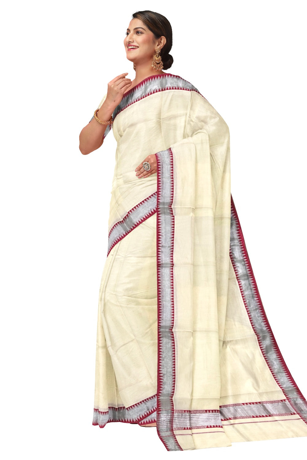 Pure Cotton Kerala Saree with Red Temple Woven Works on SIlver Kasavu Border