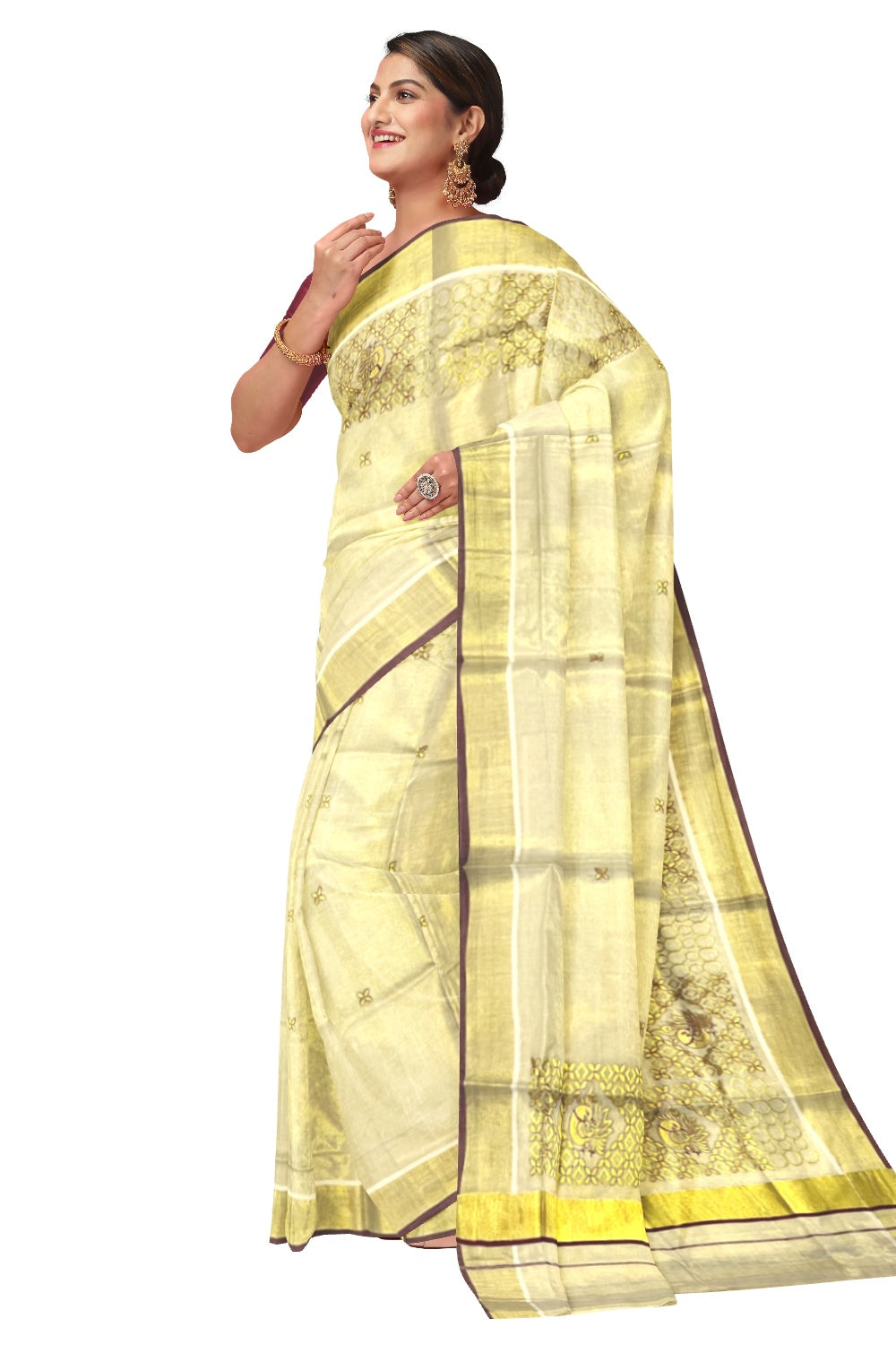 Kerala Tissue Kasavu Heavy Work Saree with Golden and Maroon Peacock Embroidery Design