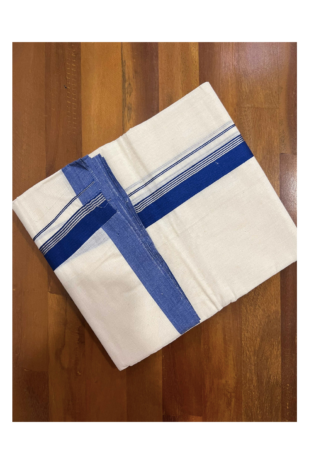 Off White Cotton Mundu with Dark Blue and Silver Kasavu Border (South Indian Dhoti)