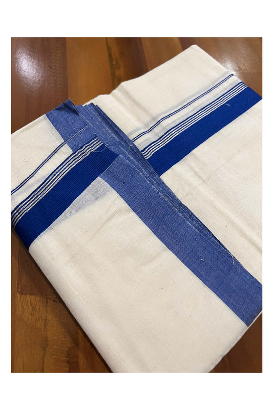 Off White Cotton Mundu with Dark Blue and Silver Kasavu Border (South Indian Dhoti)