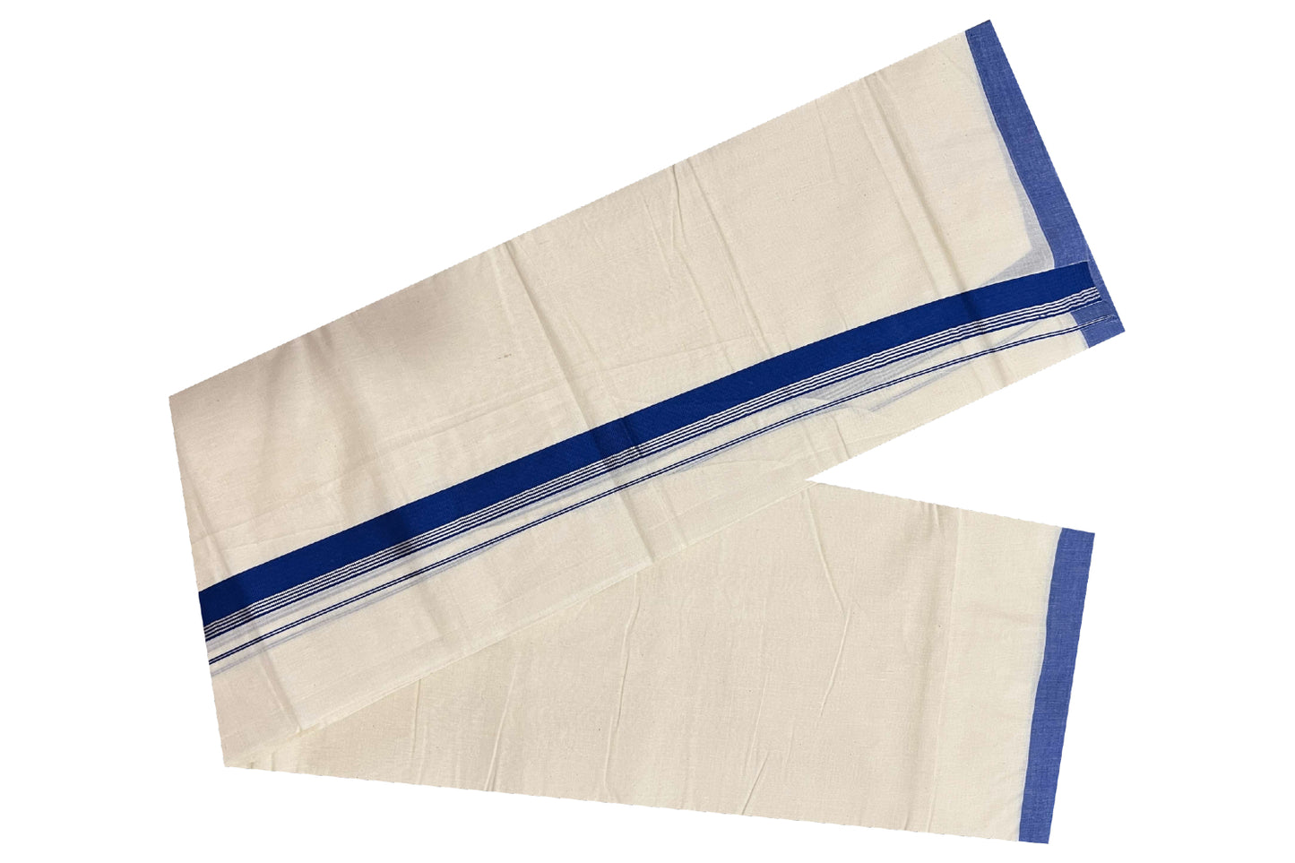 Off White Cotton Mundu with Dark Blue and Silver Kasavu Border (South Indian Dhoti)