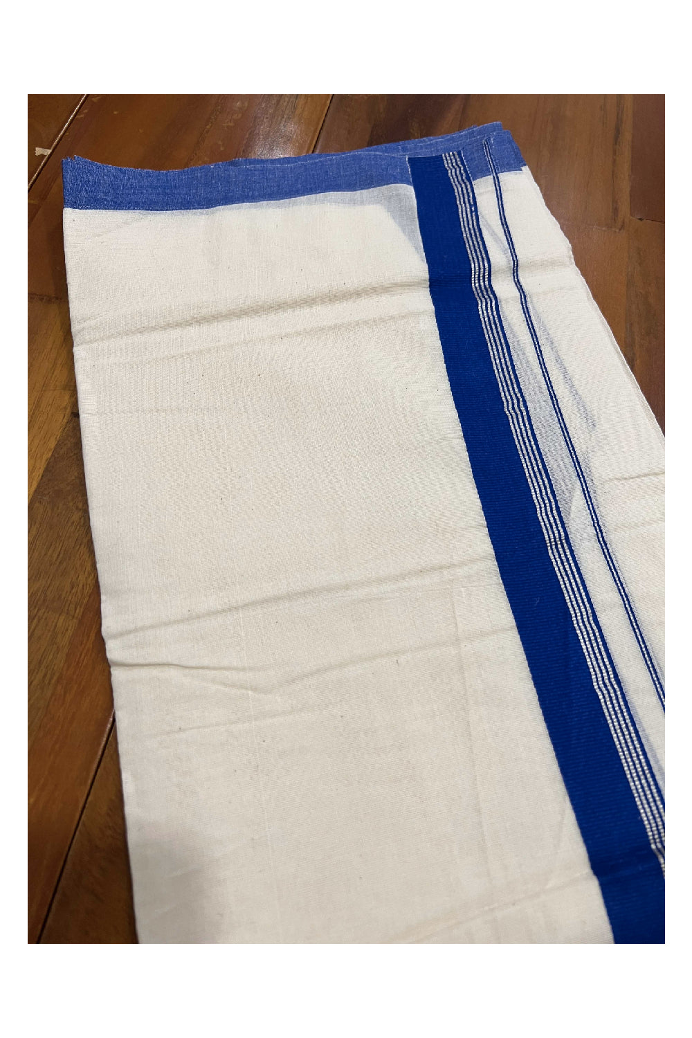 Off White Cotton Mundu with Dark Blue and Silver Kasavu Border (South Indian Dhoti)