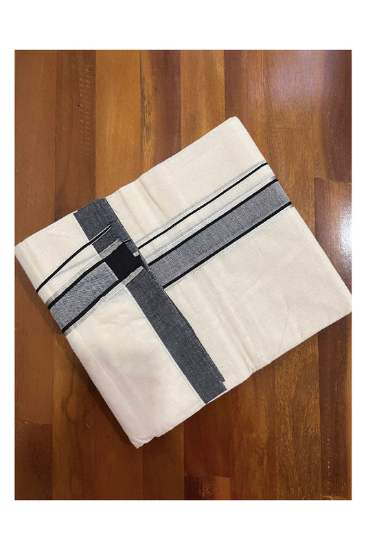 Off White Cotton Mundu with Black and Silver Kasavu Border (South Indian Dhoti)