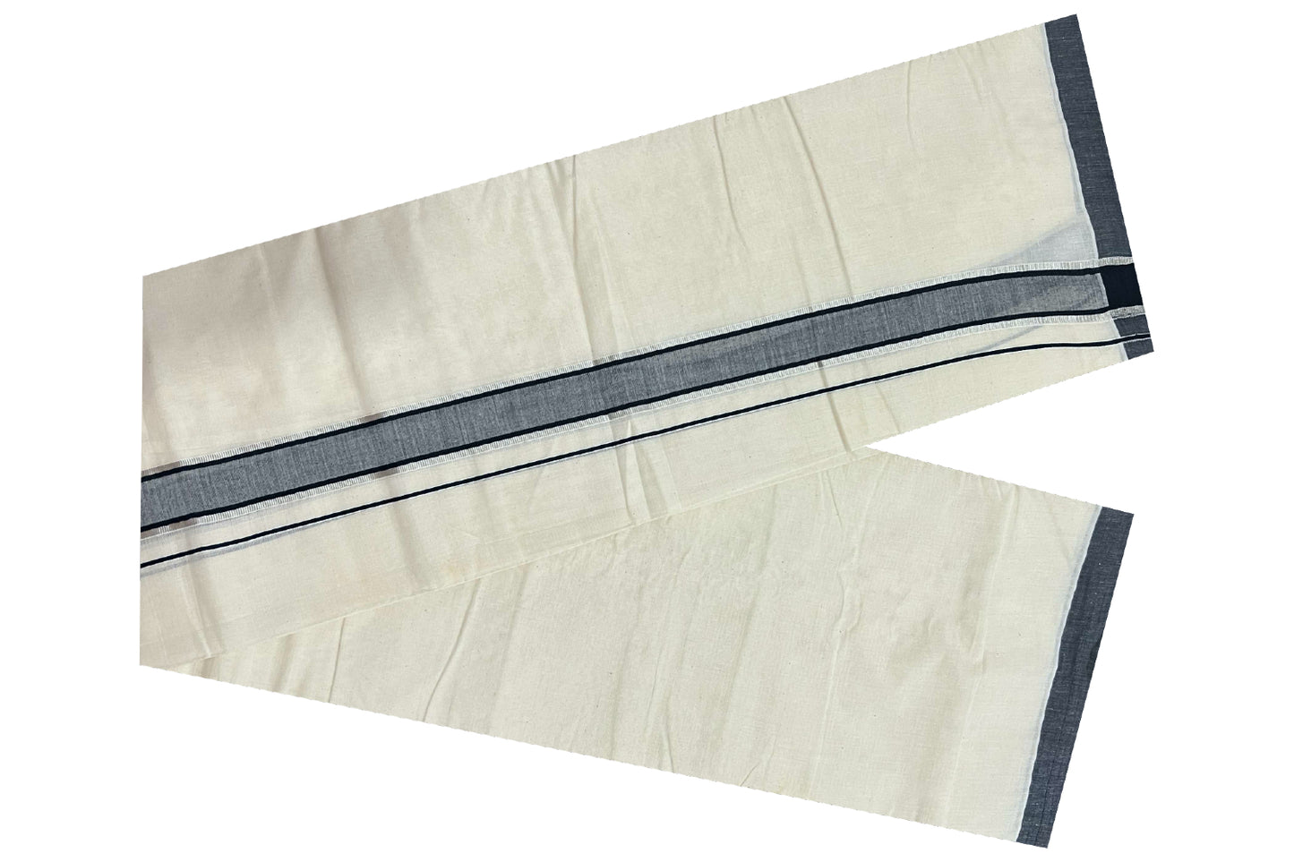 Off White Cotton Mundu with Black and Silver Kasavu Border (South Indian Dhoti)