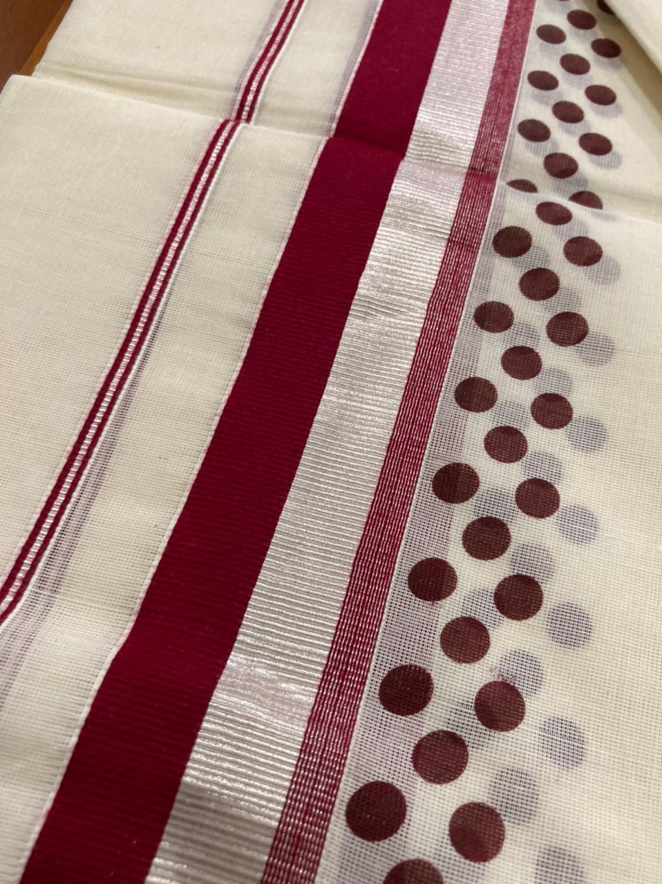 Kerala Cotton Mundum Neriyathum (Set Mundu) with Block Prints on Silver Kasavu and Maroon Border 2.80 Mtrs