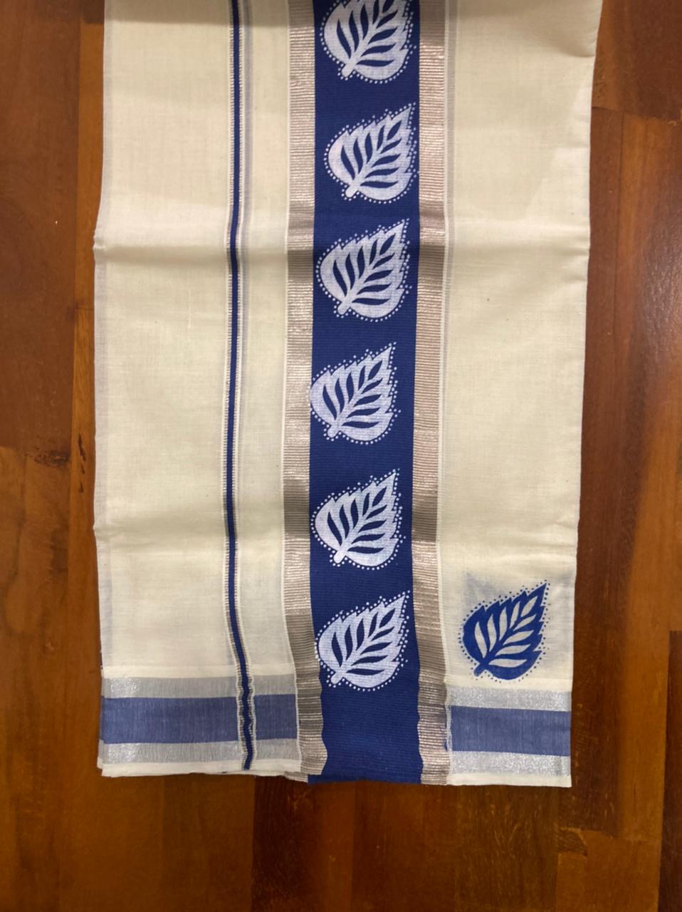 Kerala Cotton Mundum Neriyathum (Set Mundu) with Block Prints on Silver Kasavu and Blue Border 2.80 Mtrs