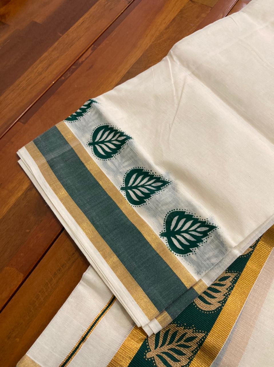 Kerala Cotton Mundum Neriyathum (Set Mundu) with Block Prints on Kasavu and Dark Green Border