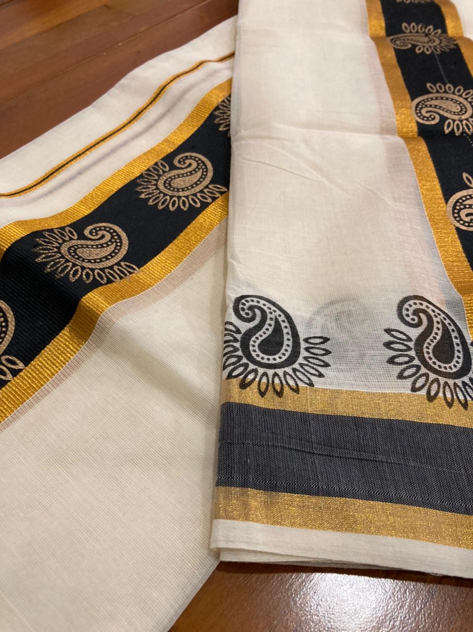 Kerala Cotton Mundum Neriyathum (Set Mundu) with Block Prints on Kasavu and Black Border