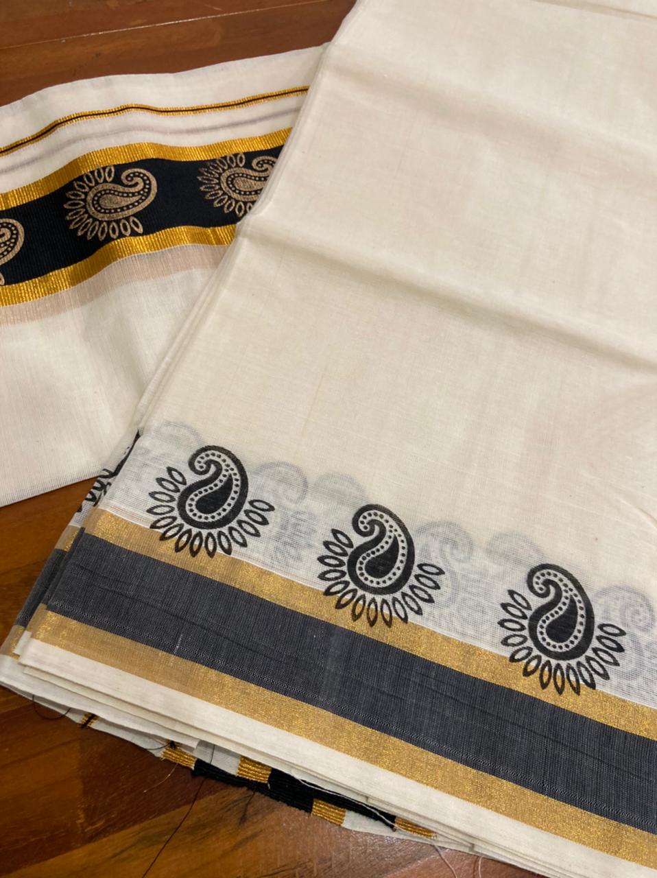 Kerala Cotton Mundum Neriyathum (Set Mundu) with Block Prints on Kasavu and Black Border