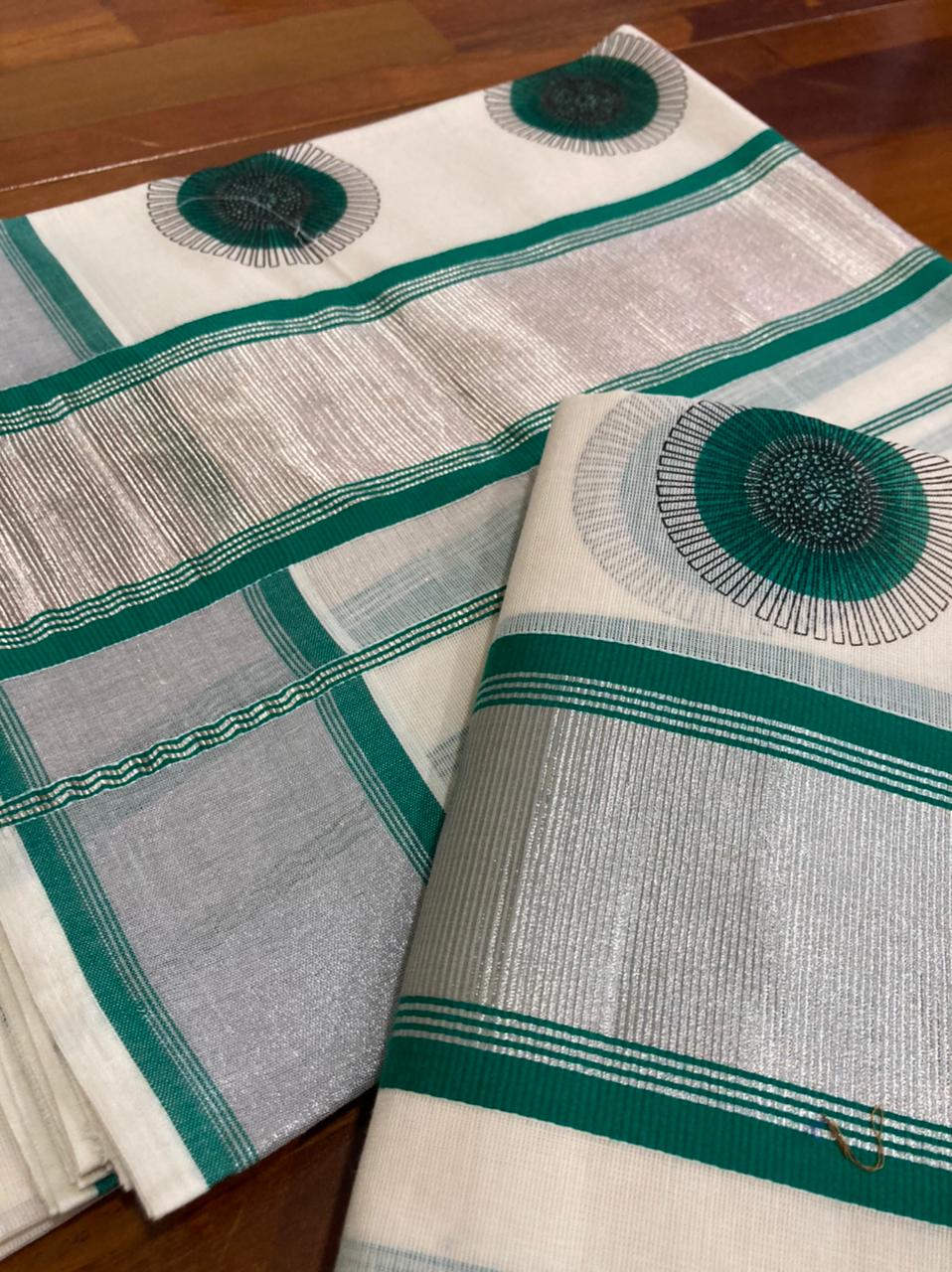 Kerala Cotton Mundum Neriyathum (Set Mundu) with Block Prints on Silver Kasavu and Green Border