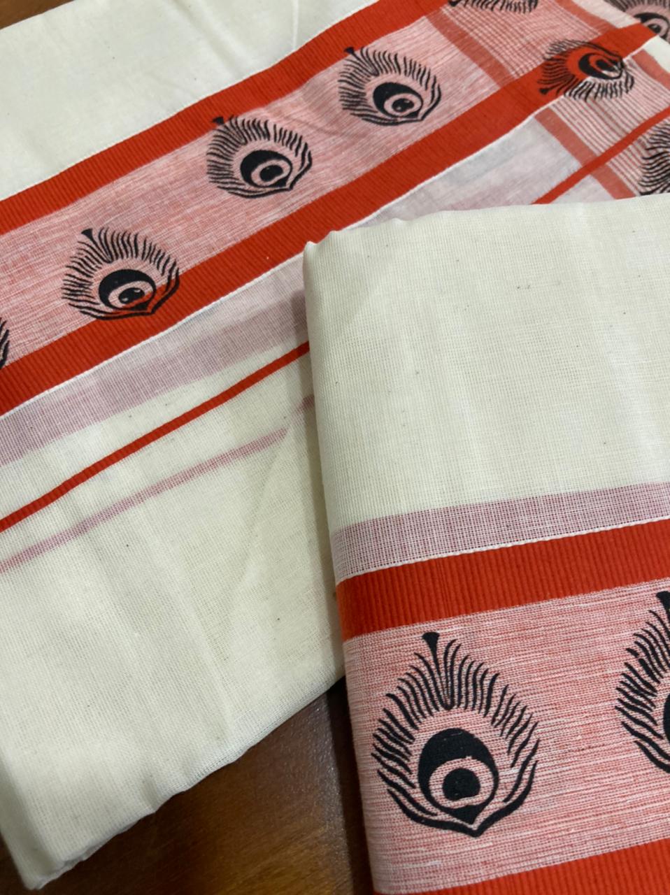 Kerala Cotton Mundum Neriyathum (Set Mundu) with Block Prints on Dark Orange Border
