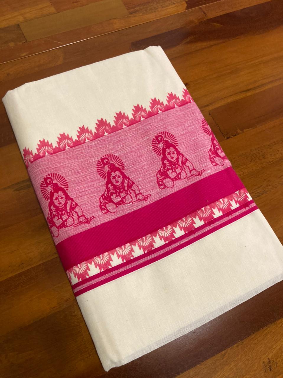 Pure Cotton Kerala Saree with Pink Krishna Block Print Design