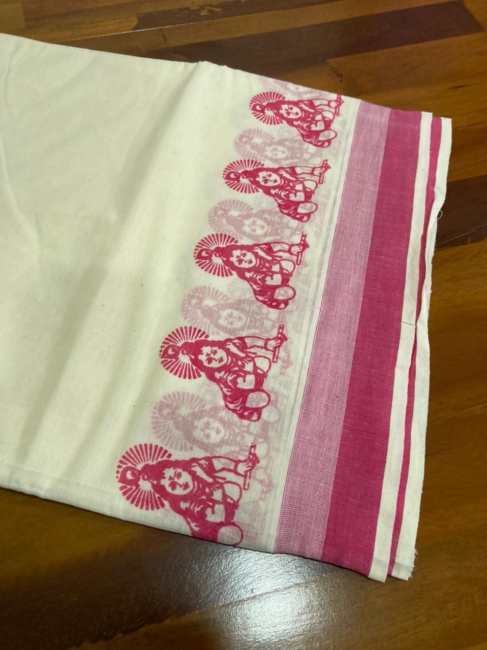 Pure Cotton Kerala Saree with Pink Krishna Block Print Design