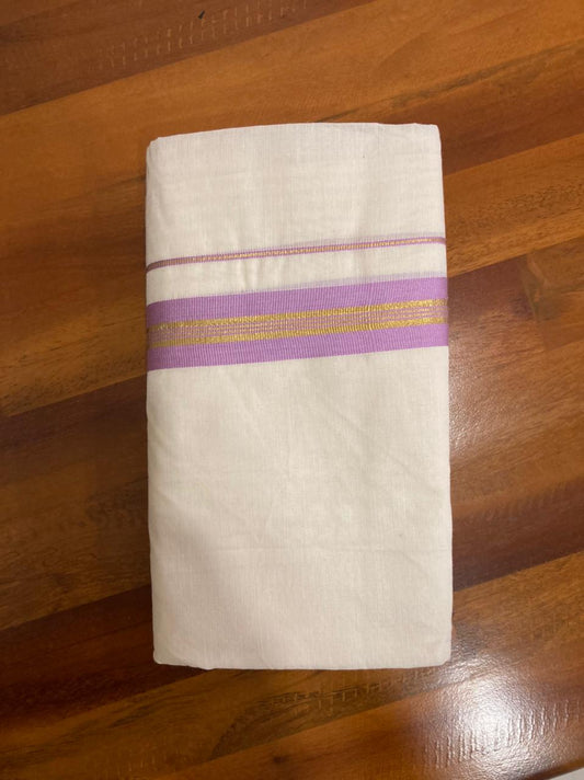 Off White Cotton Mundu with Kasavu and Light Violet Kara (South Indian Dhoti)