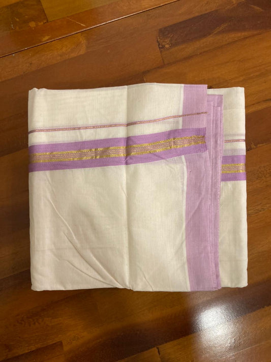 Off White Cotton Mundu with Kasavu and Light Violet Kara (South Indian Dhoti)