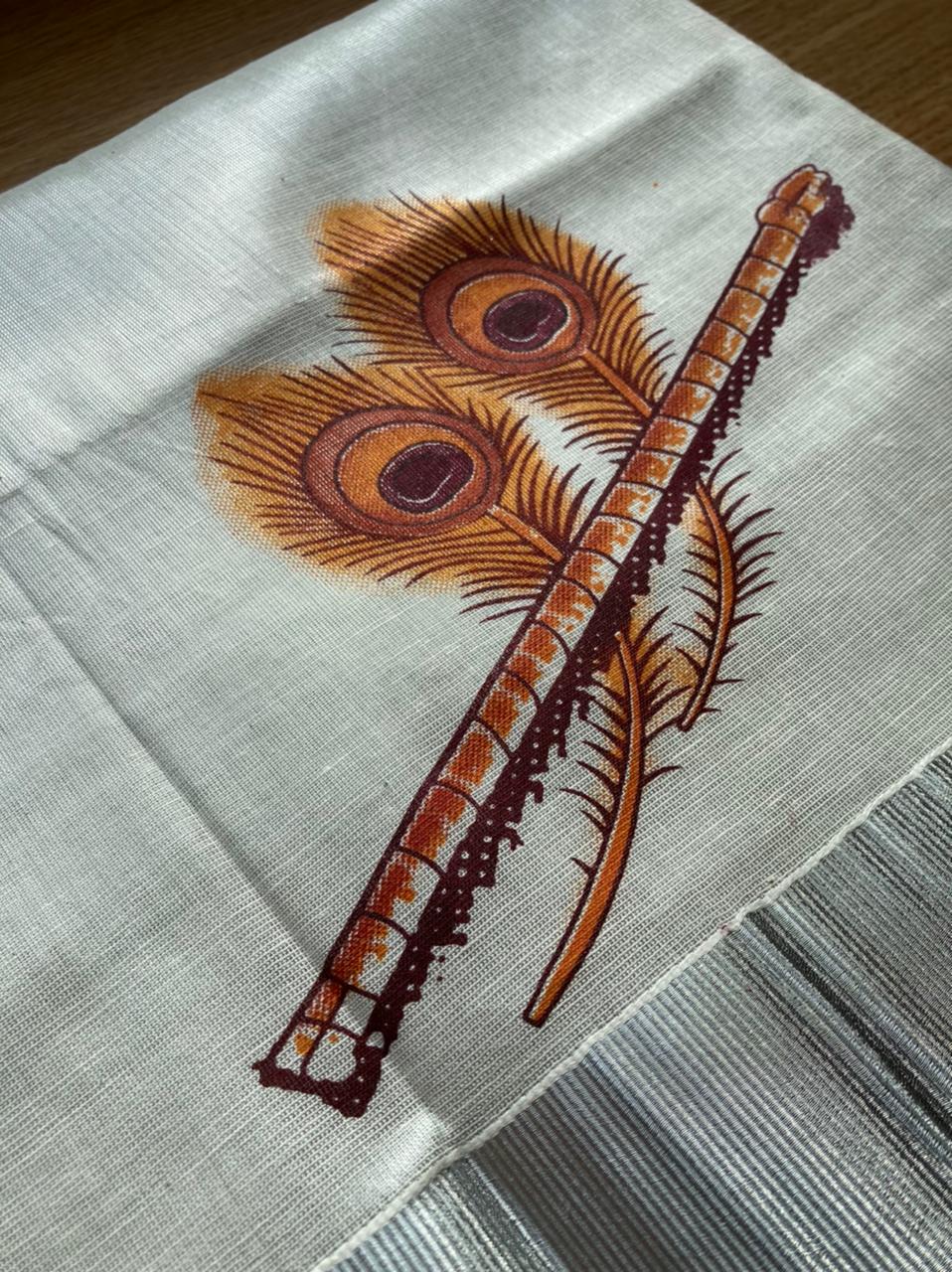 Kerala Silver Tissue Kasavu Onam Saree with Mural Printed Peacock Feather
