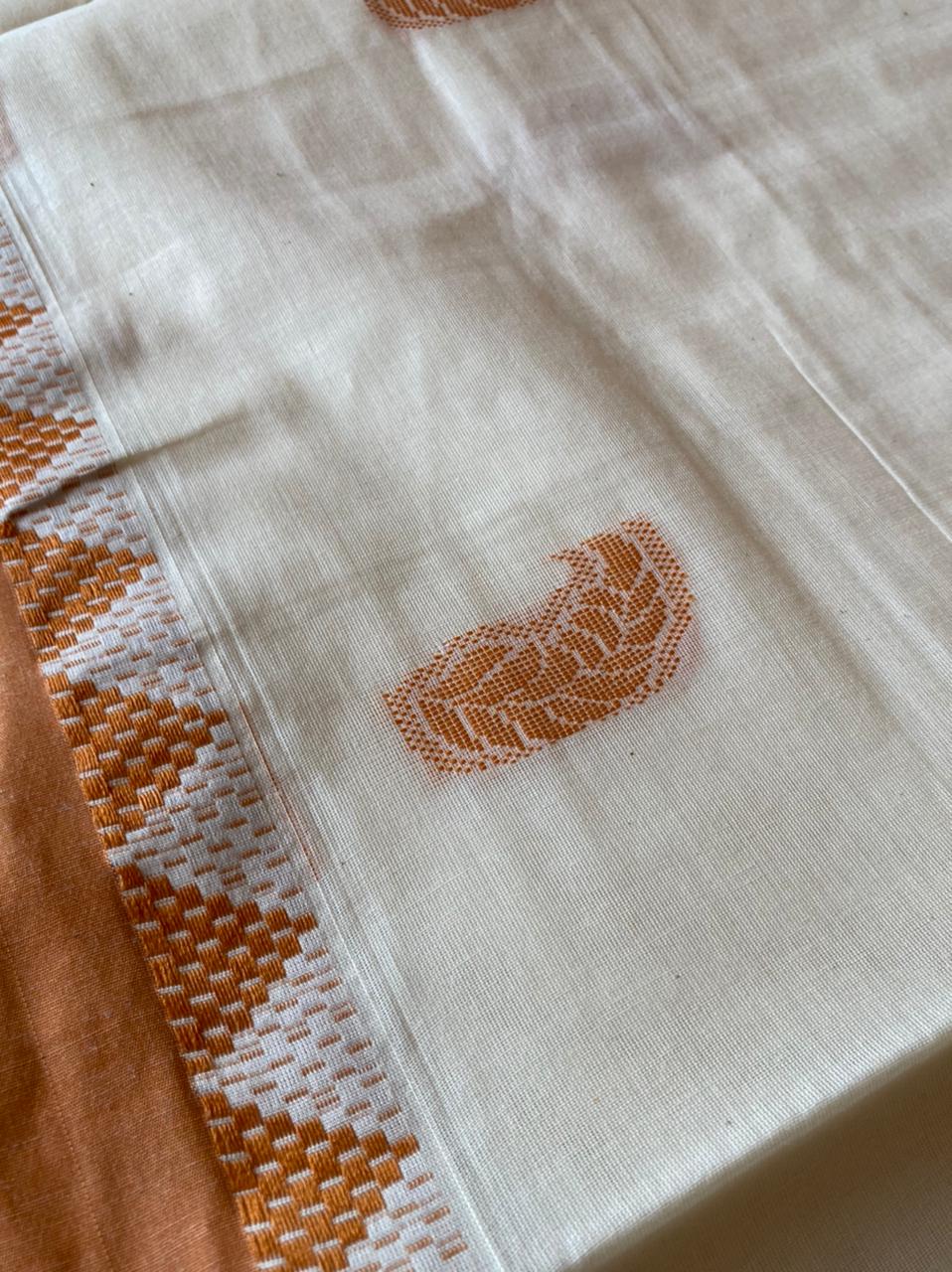 Kerala Saree with Orange Peacock Art Embroidery Design