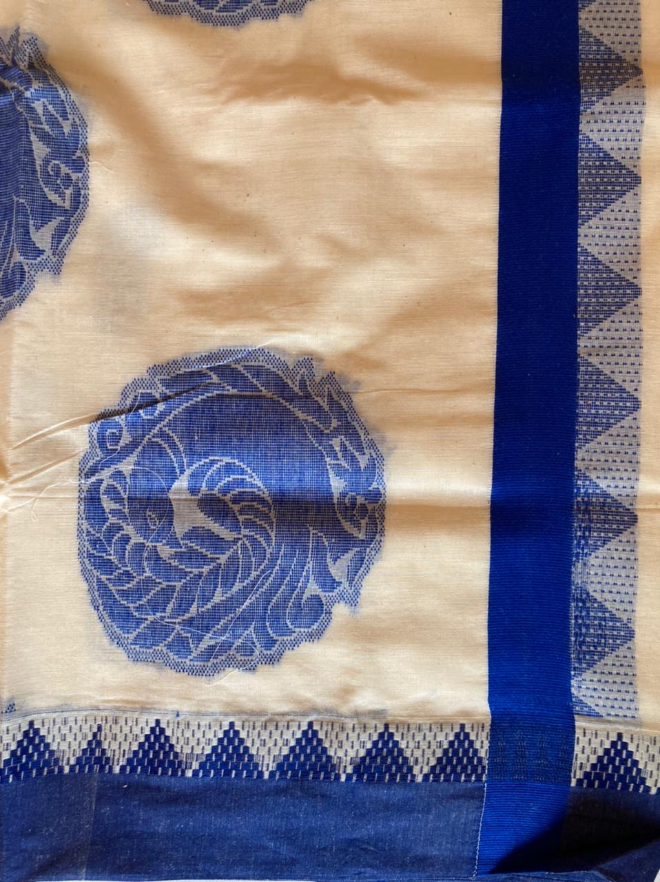 Kerala Saree with Blue Peacock Art Embroidery Design