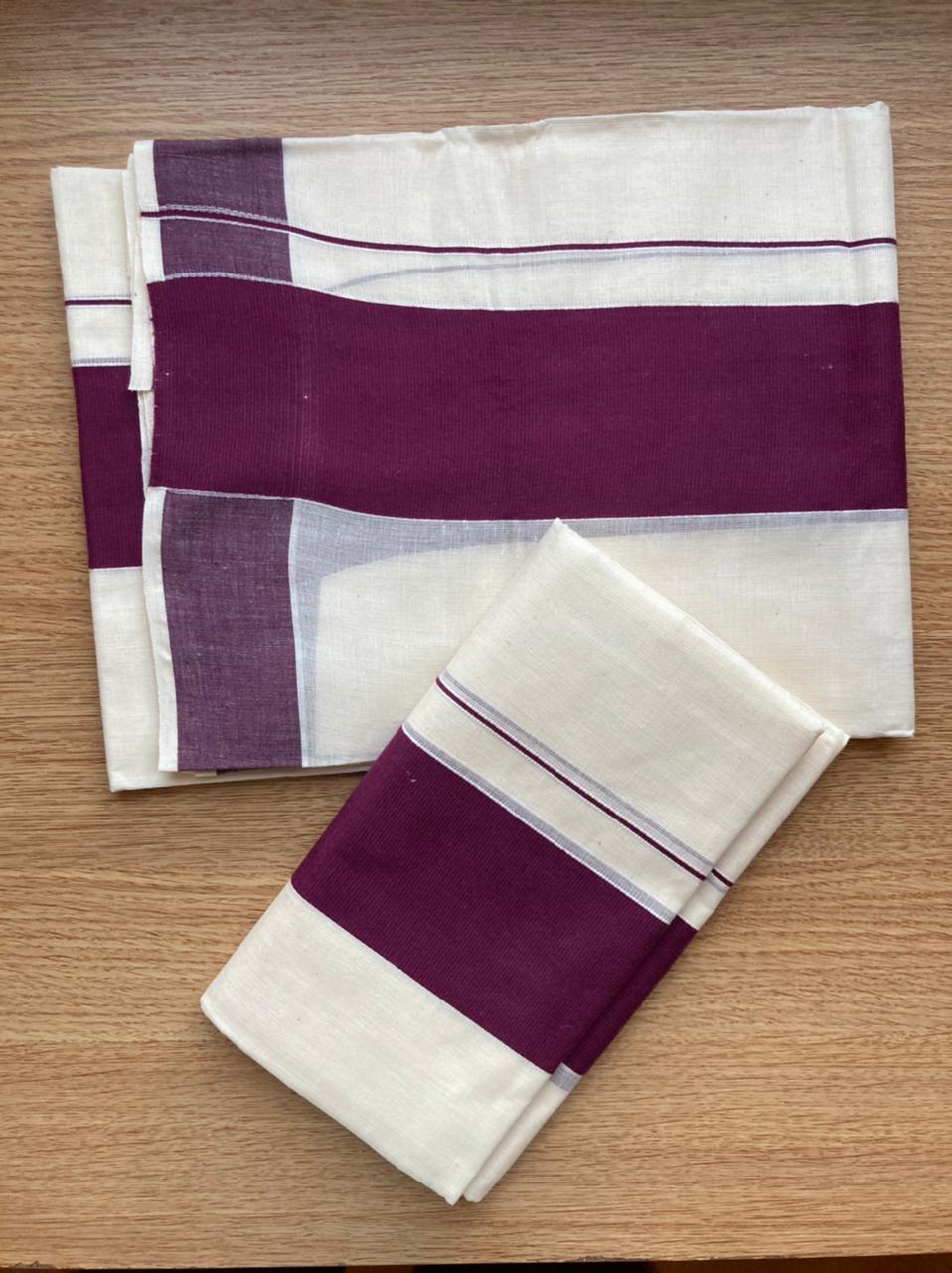 Kerala Cotton Mundum Neriyathum Single (Set Mundu) with Plain Purple Border