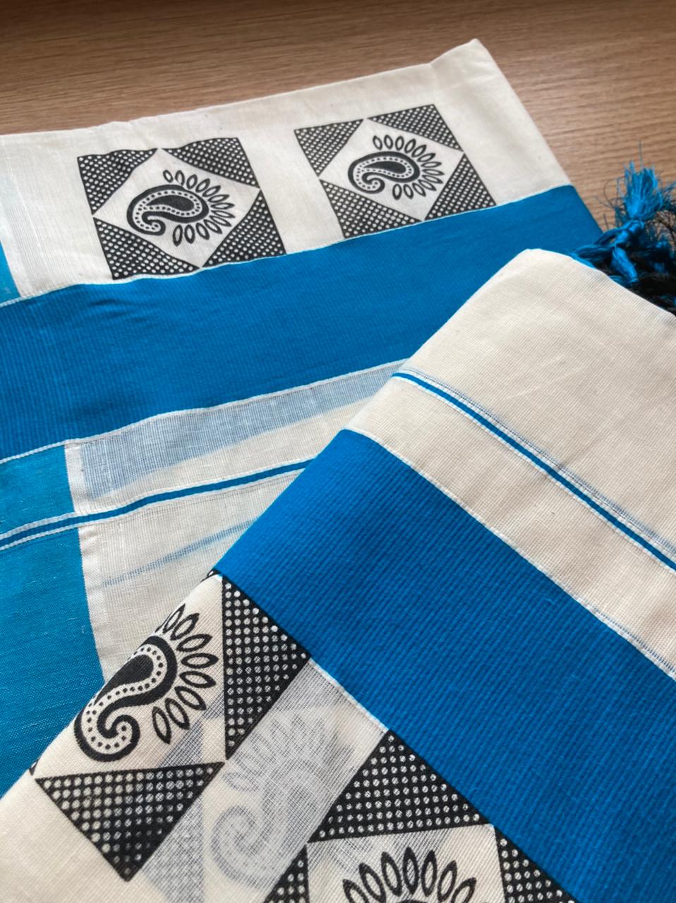 Kerala Cotton Mundum Neriyathum (Set Mundu) with Blue and Black Block Print Tussels Border 2.80 Mtrs