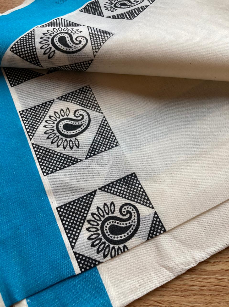 Kerala Cotton Mundum Neriyathum (Set Mundu) with Blue and Black Block Print Tussels Border 2.80 Mtrs